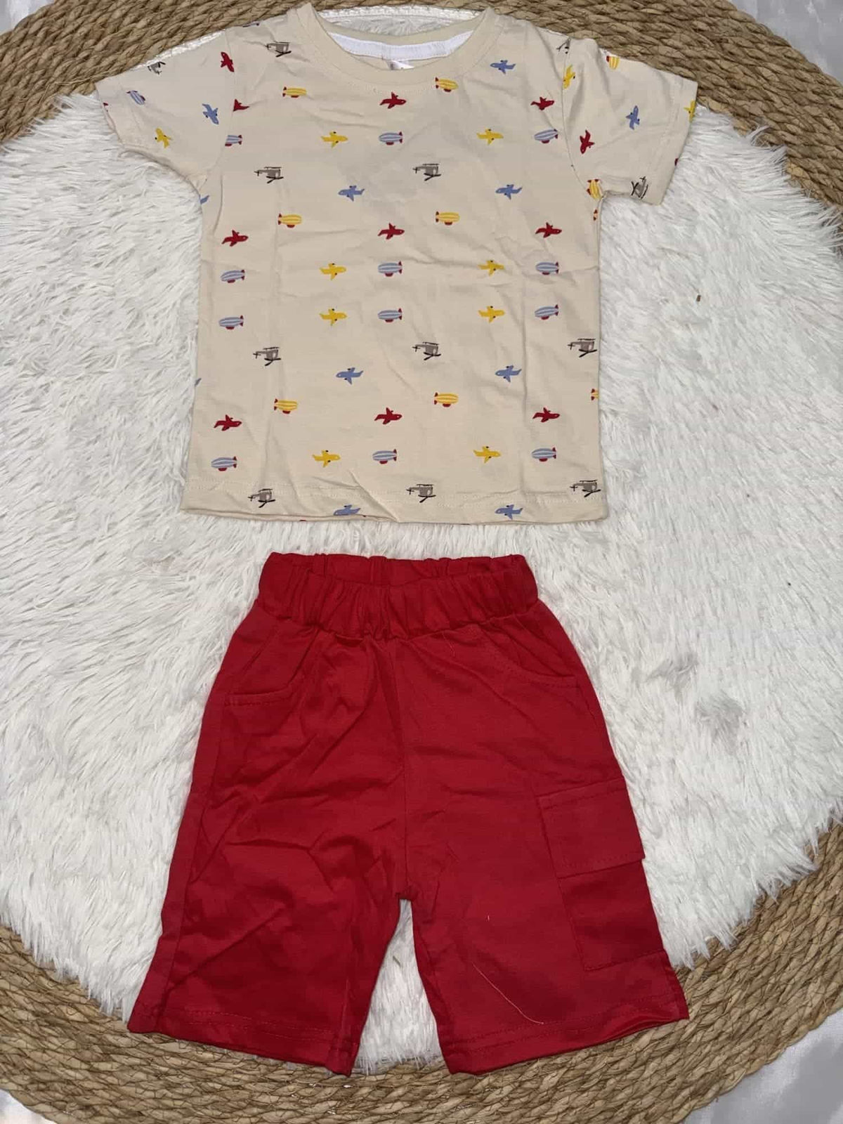 Airplane Red Shorts Set – Boy (Allover Motif Top)