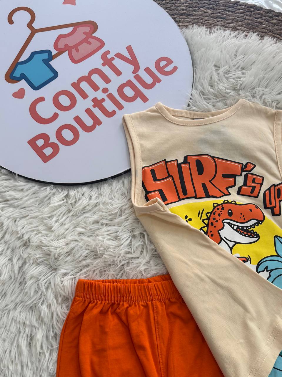 Boys Dinosaur Cotton Tank Top & Shorts Set – Summer Sleeveless Kids Outfit | Orange | ZM006B