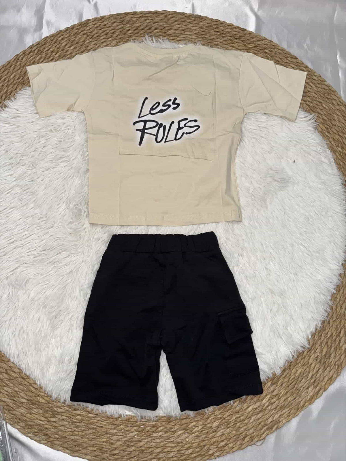Less Rules Beige Shorts Set – Boy (Front Graphic)