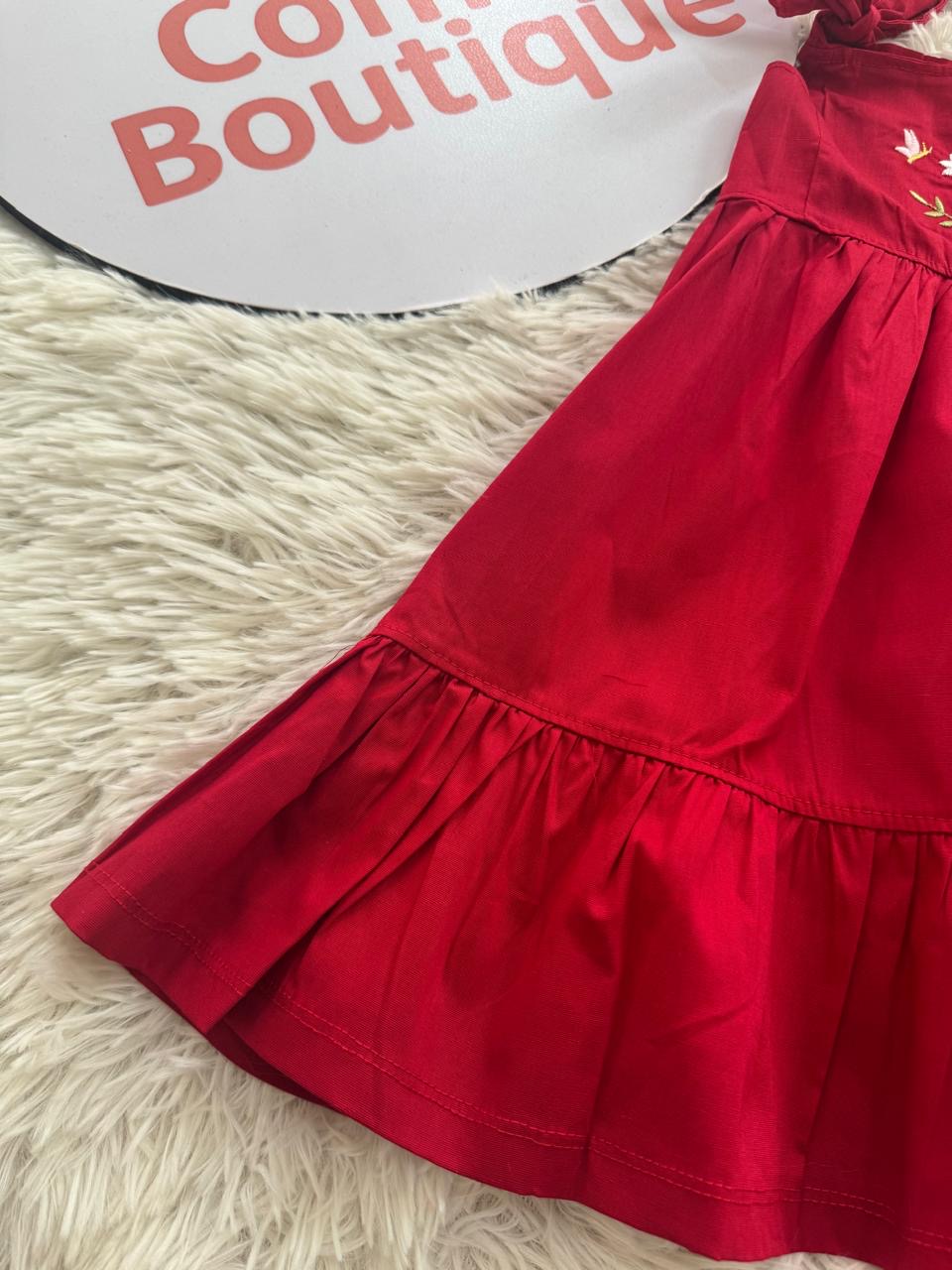 Red Floral Embroidered Girls’ Dress with Shoulder Bow Straps|BQ014G