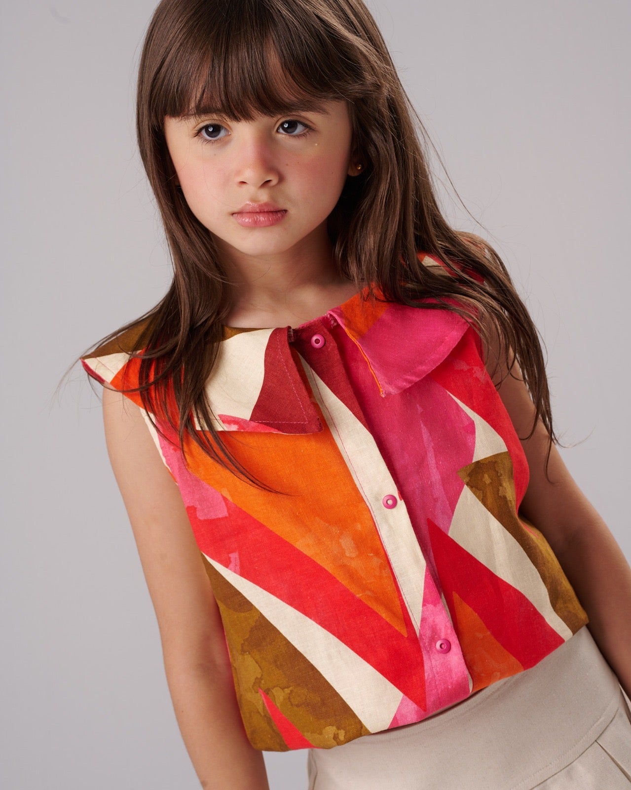 Girls Colorful Printed Sleeveless TShirt Summer Cotton Outfit with Peter Pan Collar | JM5206