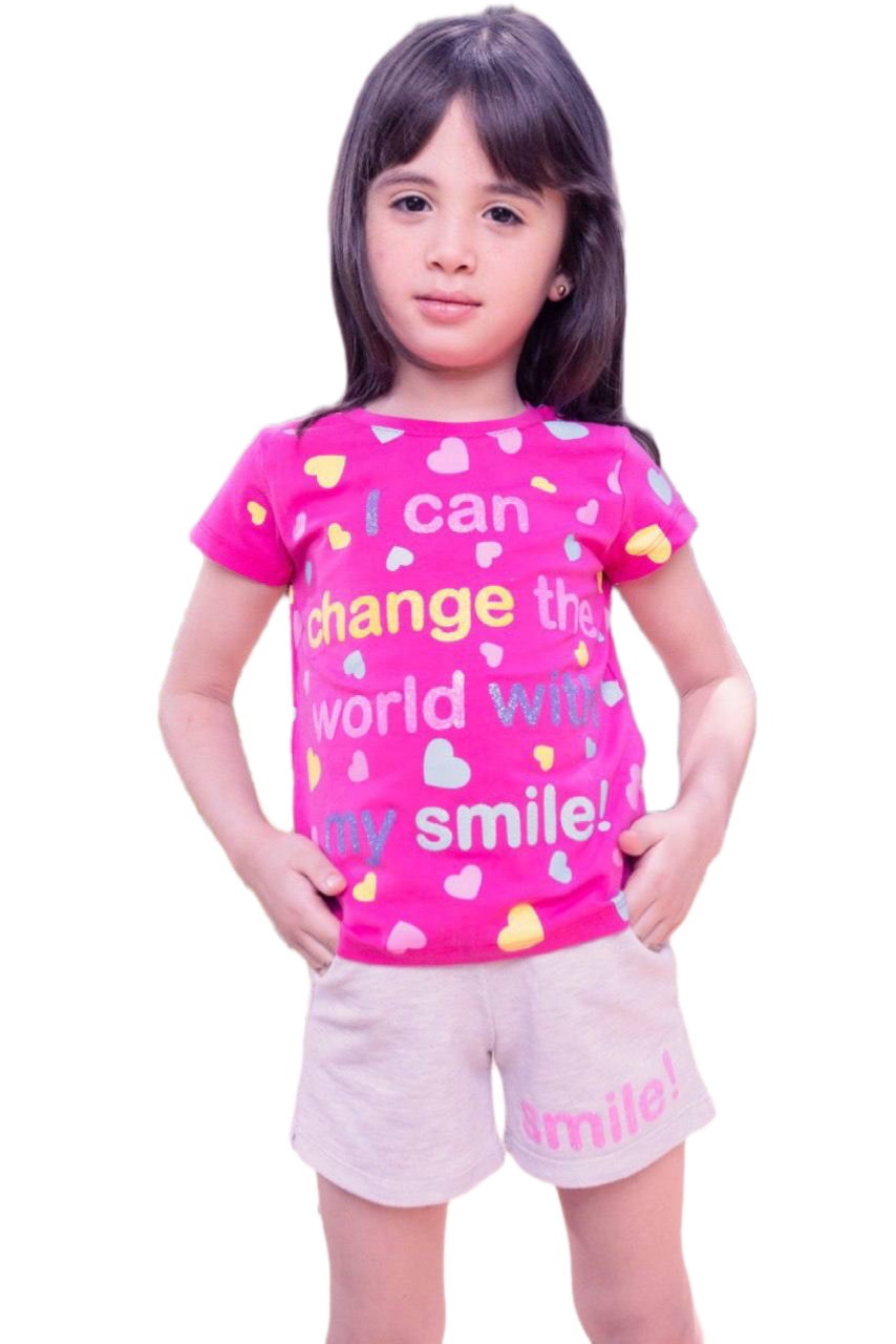 Girls Pink Heart Print Summer Set – Cotton Graphic T-Shirt & Beige Shorts | Kids Casual Outfit|B224