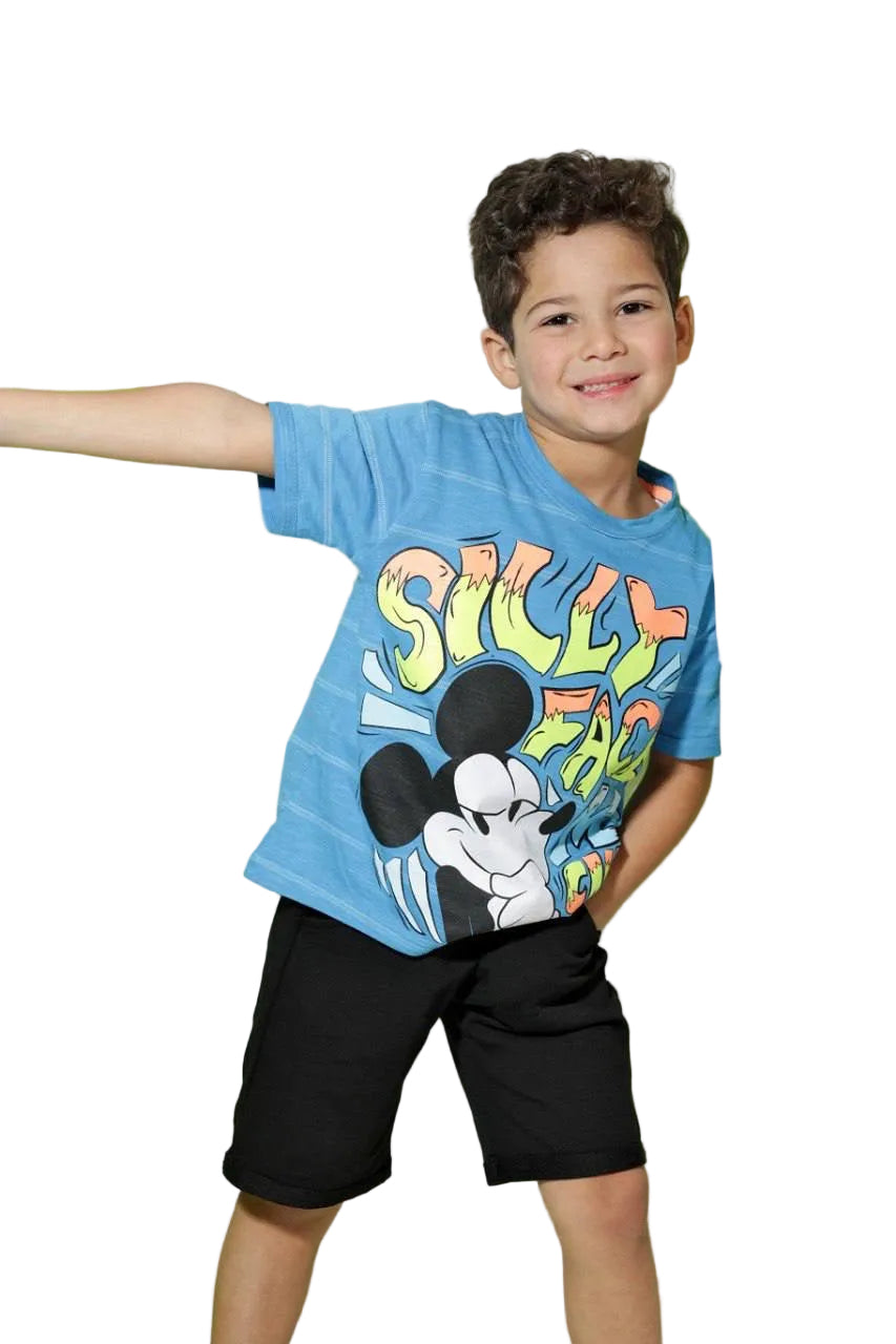 Disney Mickey Mouse Boys Summer Outfit Set – Blue Graphic T-Shirt & Black Shorts | Soft Cotton |B311
