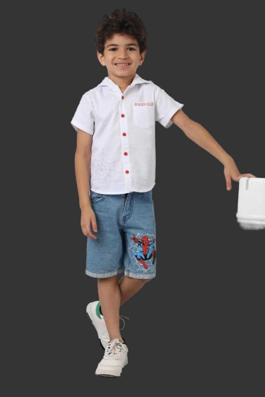 Marvel Spider-Man Boys Summer Outfit – White Button-Up Shirt & Denim Shorts Set | Casual Kids Clothing | B1102