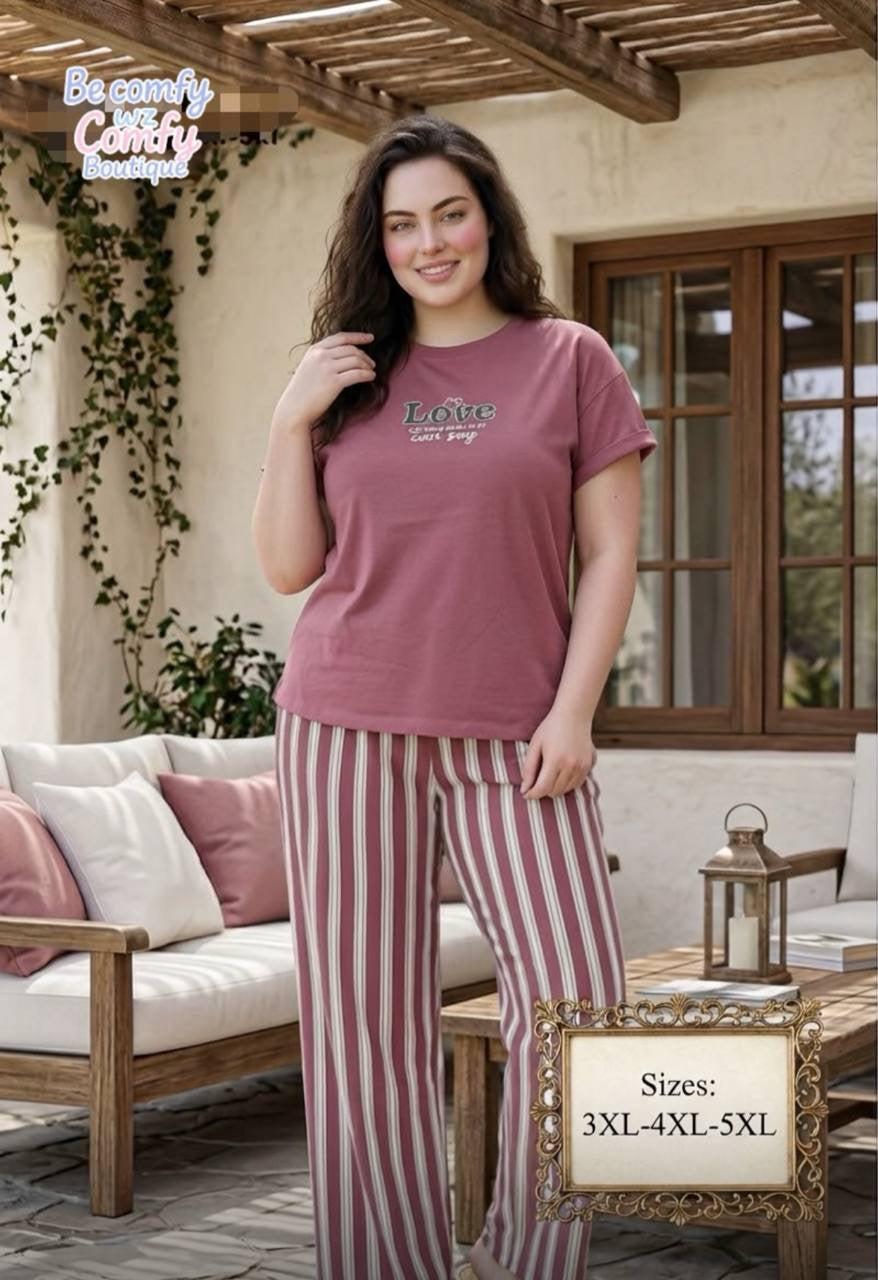 Plus Size Women’s Summer Pajama Set – Dusty Rose Love T-Shirt & Striped Pants | Soft Cotton Sleepwear |SM9076