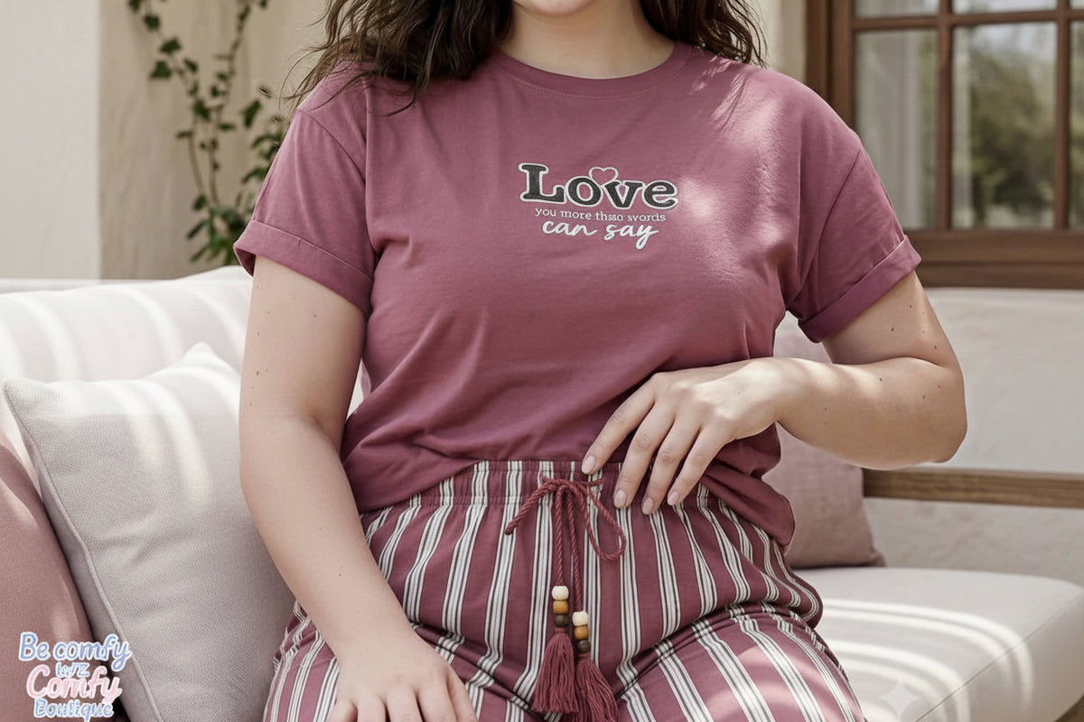 Plus Size Women’s Summer Pajama Set – Dusty Rose Love T-Shirt & Striped Pants – Soft Cotton Sleepwear
