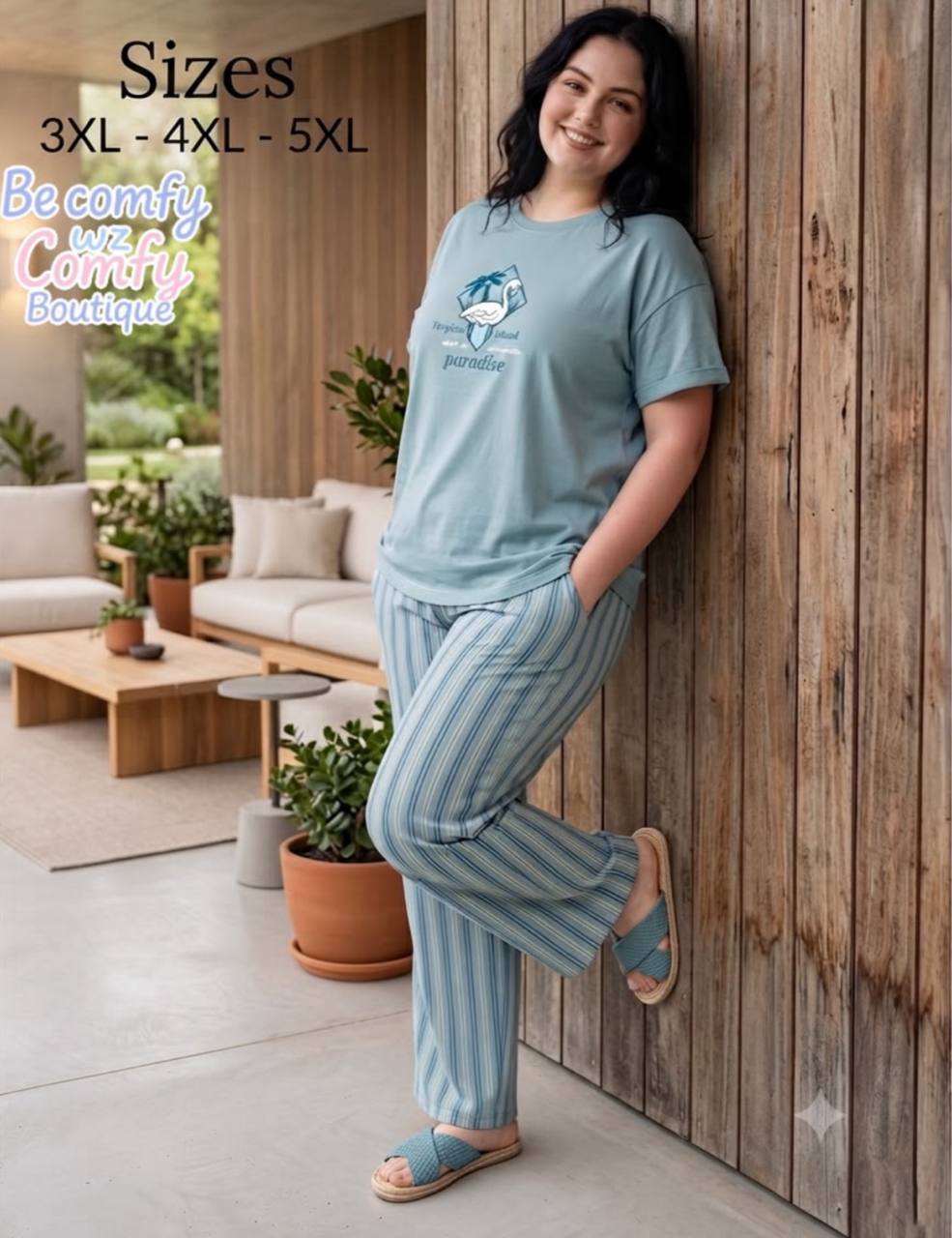 Women’s Plus Size Summer Pajama Soft Cotton Short Sleeve T-Shirt & Striped Lounge Pants | SM9180