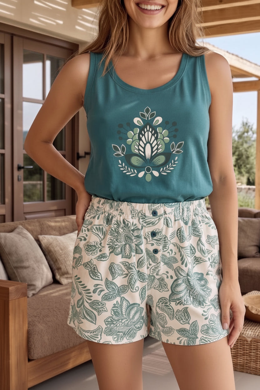 Women’s Teal Cotton Pajama Set – Sleeveless Tank Top & Printed Lounge Pants | Summer Sleepwear | SM4092S