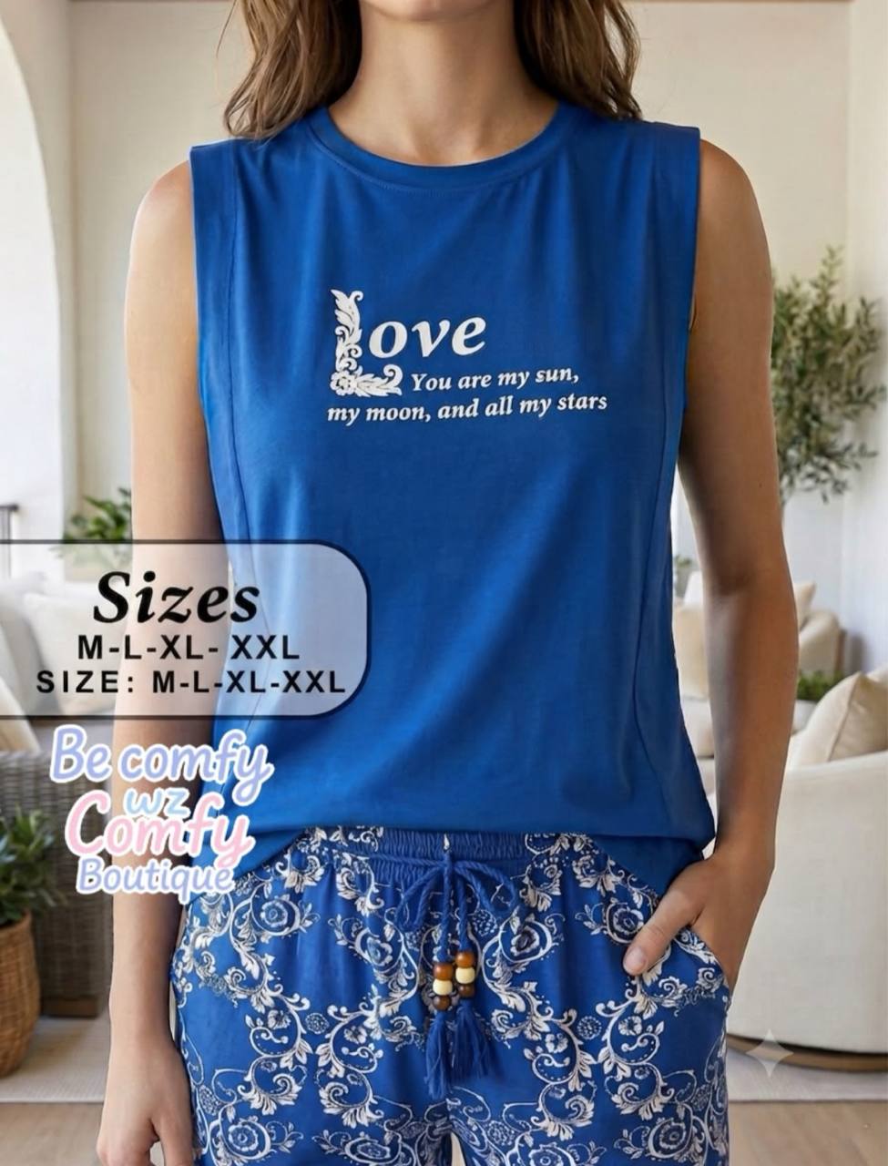 Women’s Blue Cotton Pajama Set – Sleeveless Top & Floral Capri Lounge Pants | Summer Sleepwear |SM5069