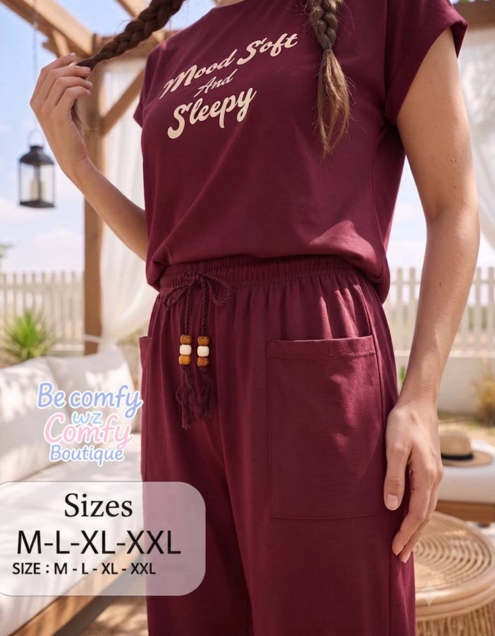 Women’s Soft Cotton Pajama Set – Mood Soft & Sleepy Print Short Sleeve Loungewear, wine| SM6155B