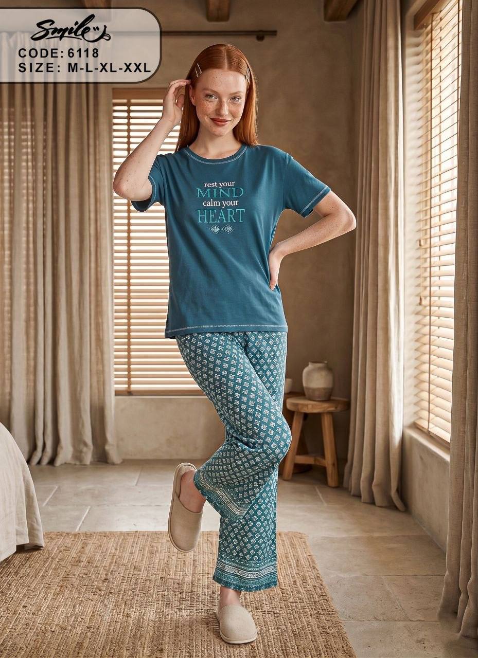 Women’s Cotton Pajama Set – Blue Printed Lounge & Sleepwear | Soft Summer Nightwear |SM6118