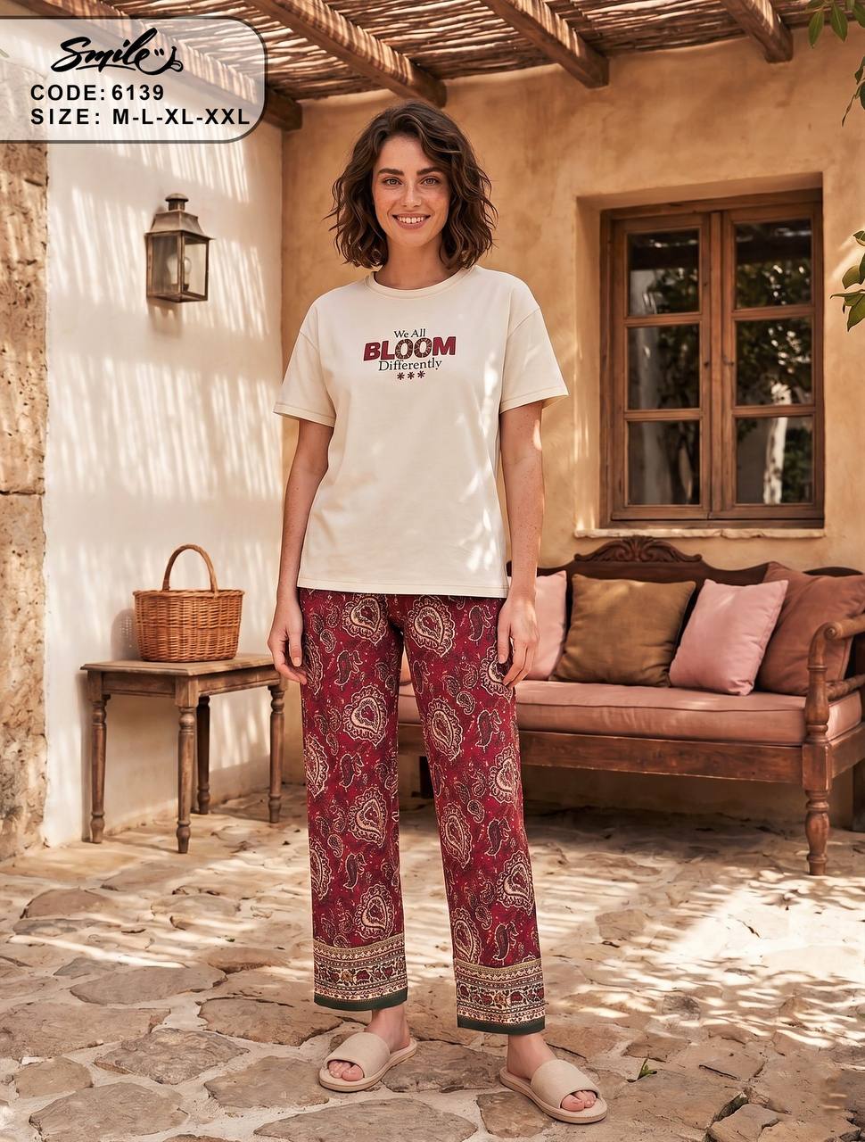Women’s Summer Pajama Set – Bloom Print Cotton T-Shirt & Paisley Printed Pants – Soft Loungewear