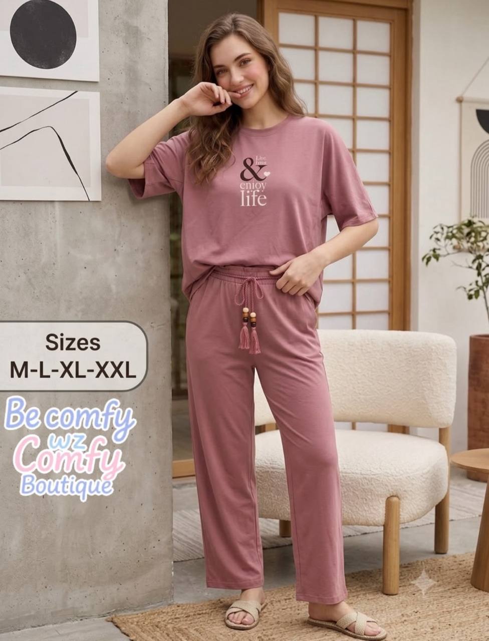 Women’s Summer Cotton Pajama Set – Dusty Rose Lounge Set with Printed T-Shirt & Drawstring Pants |SM6148A