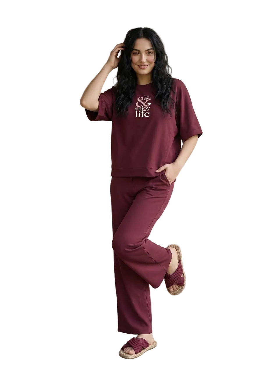 Women’s Summer Cotton Pajama Set – wine Lounge Set with Printed T-Shirt & Drawstring Pants |SM6148C