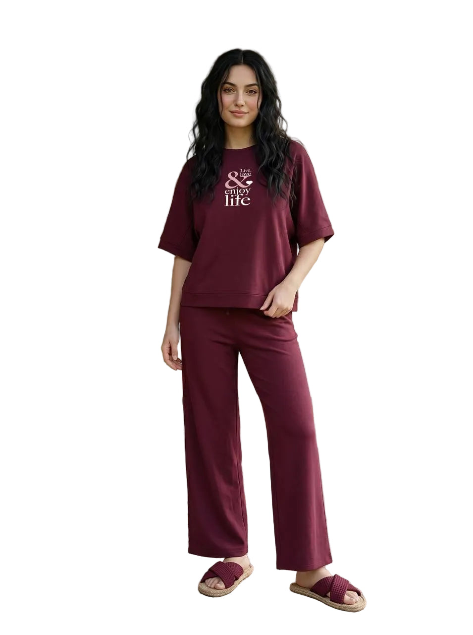 Women’s Summer Cotton Pajama Set – wine Lounge Set with Printed T-Shirt & Drawstring Pants