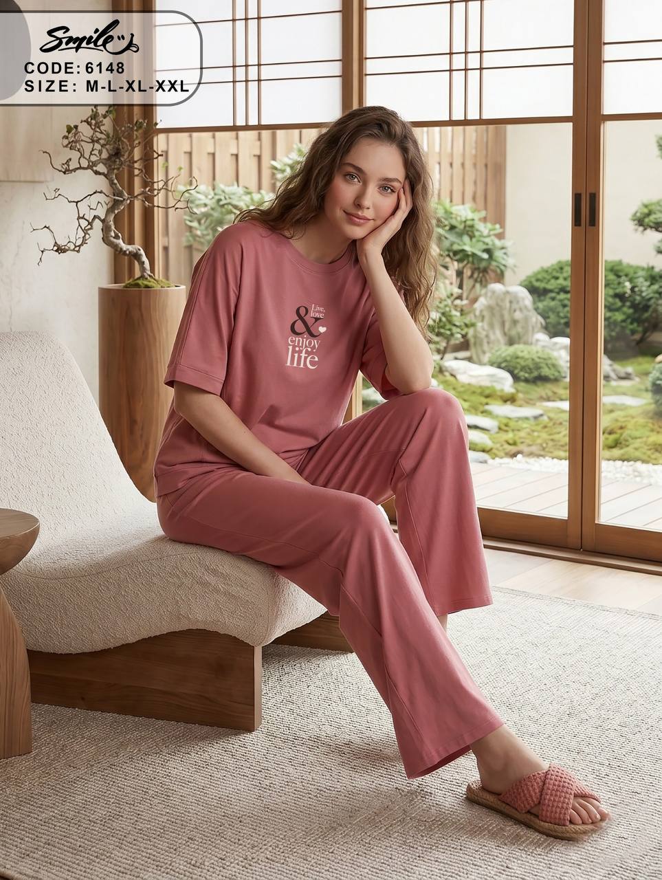 Women’s Summer Cotton Pajama Set – Old Rose Lounge Set with Printed T-Shirt & Drawstring Pants |SM6148B