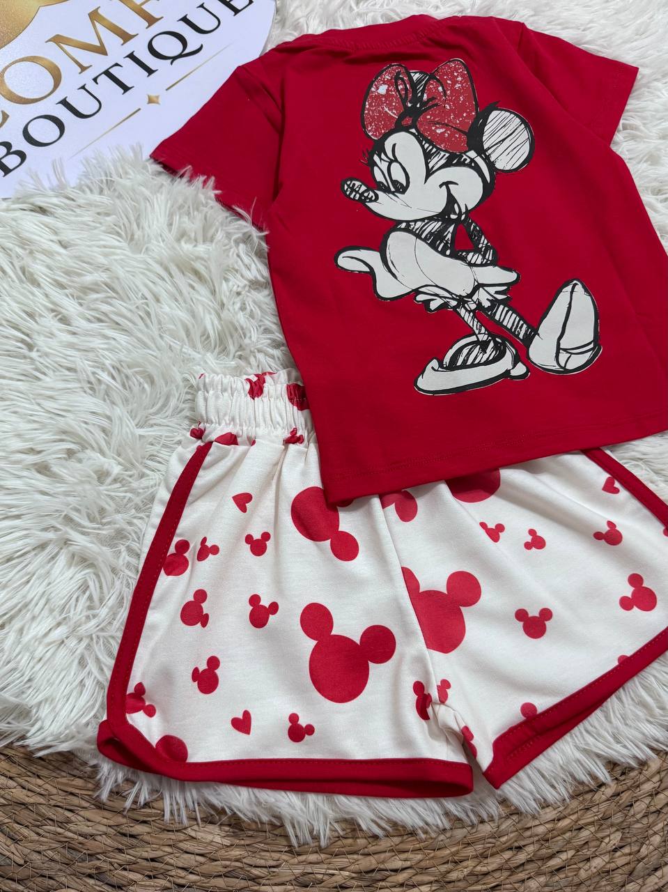 Girls’ Mickey Print Summer Outfit – Red T-Shirt & White Shorts Set | Soft Cotton |RM011G