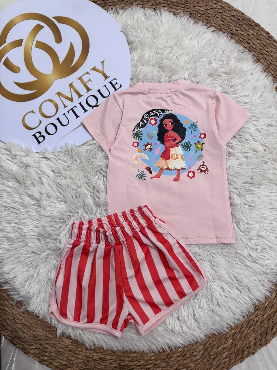 Girls’ Moana Summer Outfit – Pink T-Shirt & Pink Stripe Shorts Set | Soft Cotton | RM014G