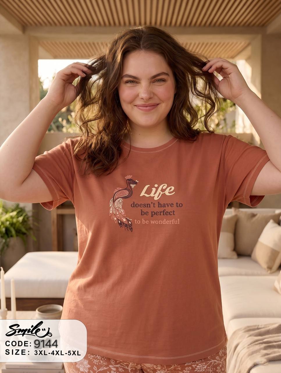 Women’s Plus Size Cotton Pajama Set – Terracotta Graphic T-Shirt & Floral Print Pants |