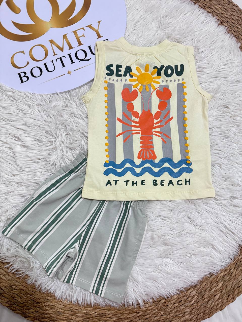 Boys Sea You Summer Outfit Set – Sleeveless Cotton Tank Top & Striped Shorts | 2-Piece Kids Casual Clothing|BK013B