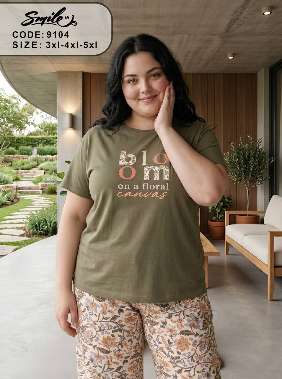 Women’s Plus Size Floral Pajama Set – Olive Graphic T-Shirt & Printed Lounge Pants | Soft Cotton Summer Sleepwear |SM9104A