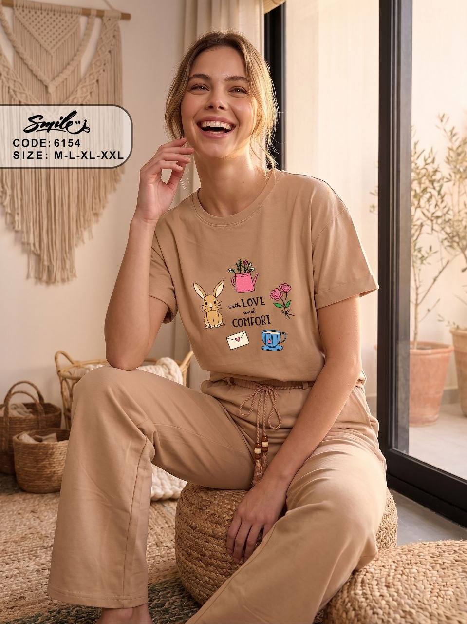 Women’s Cotton Pajama Set – Beige Short Sleeve Graphic Sleepwear & Wide Leg Lounge Pants | SM6154A