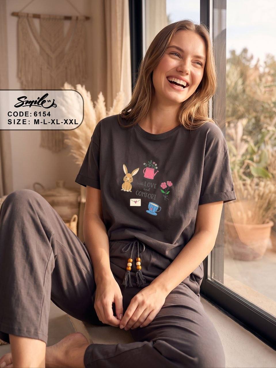 Women’s Cotton Pajama Set – Love & Comfort Bunny Print Short Sleeve Top & Full Length Pants, Soft Lounge Sleepwear, Charcoal Gray |SM6154D