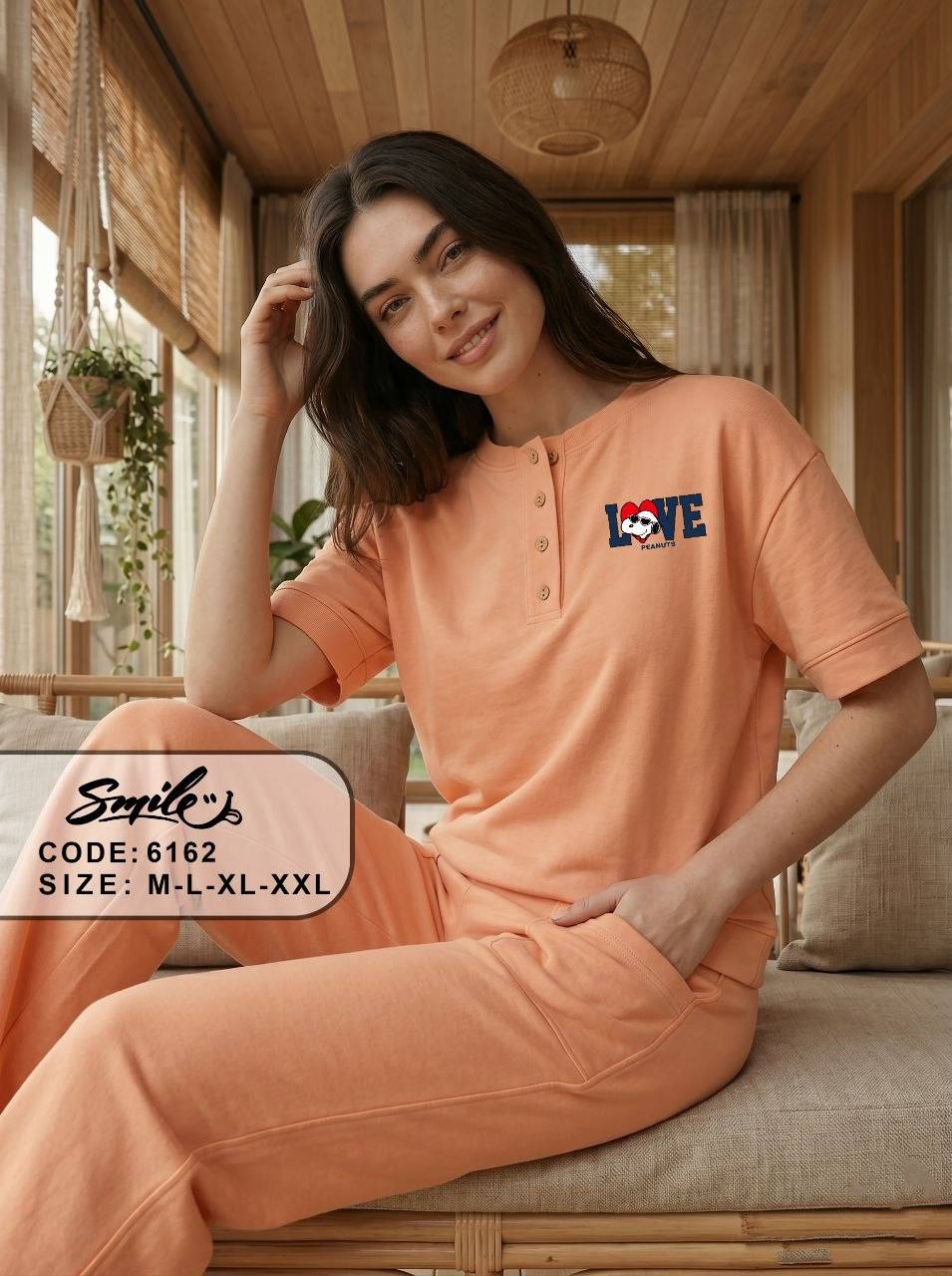 Women’s Peach Cotton Pajama Set with Wide Leg Pants – Short Sleeve Lounge & Sleepwear|SM6162B