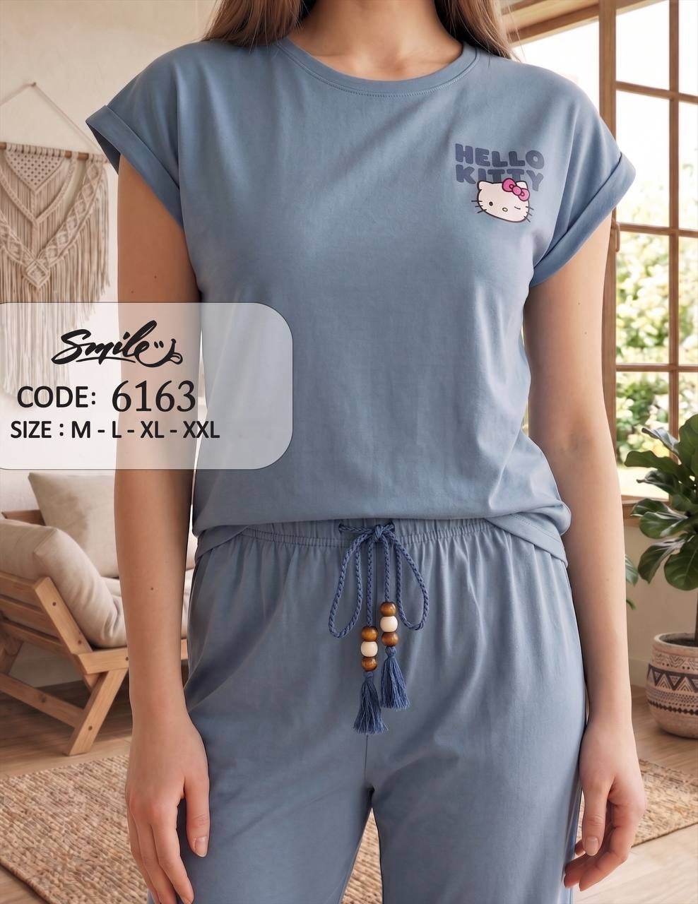 Women’s Hello Kitty Blue Pajama Set – Soft Cotton Short Sleeve Top & Wide Leg Pants Sleepwear |SM6163B