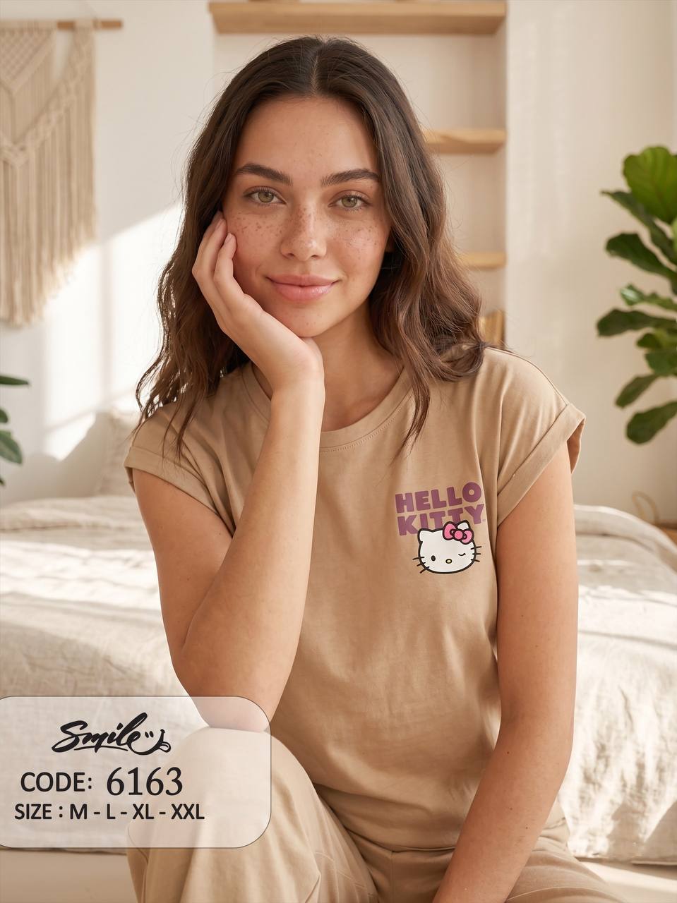 Women’s Hello Kitty Beige Cotton Pajama Set – Short Sleeve Lounge Wear | SM6163D