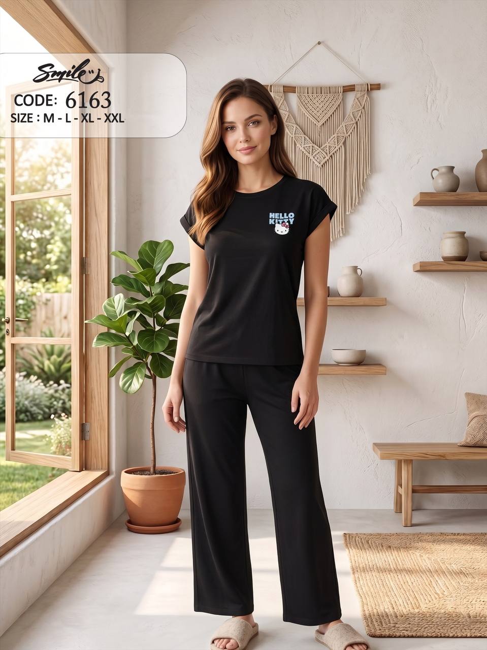 Women’s Hello Kitty Black Pajama Set – Soft Cotton Short Sleeve Top & Wide Leg Pants Lounge Sleepwear |SM6163A