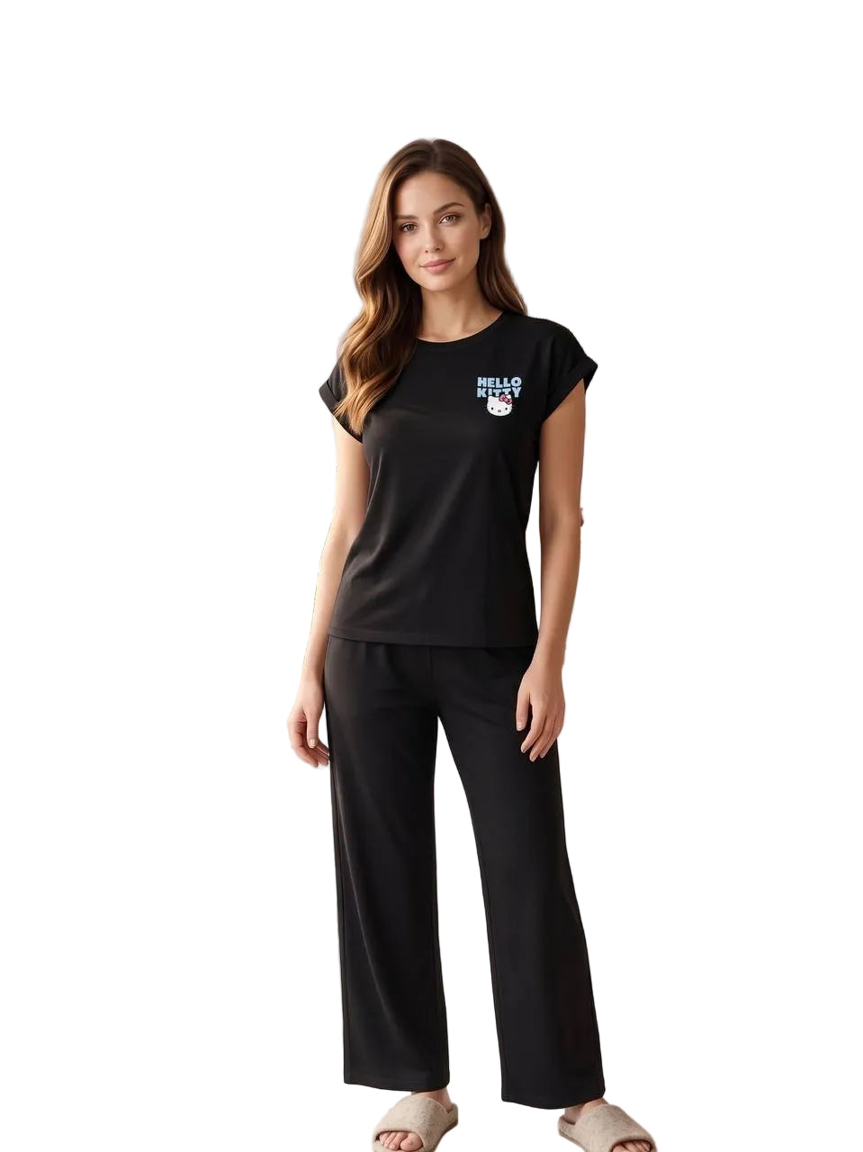 Women’s Hello Kitty Black Pajama Set – Soft Cotton Short Sleeve Top & Wide Leg Pants Lounge Sleepwear