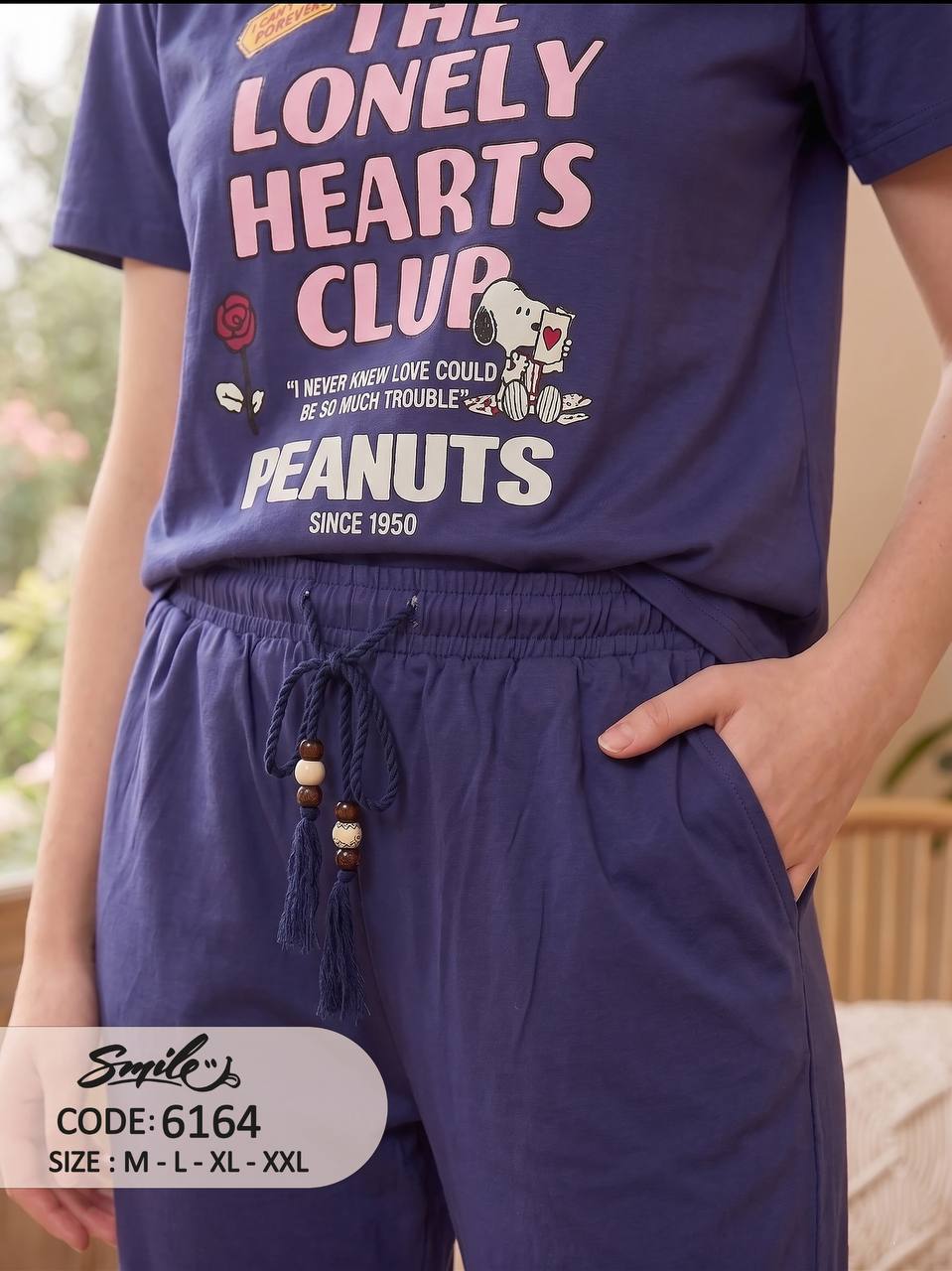 Women’s Peanuts “The Lonely Hearts Club” Cotton Pajama Set – Short Sleeve & Full-Length Pants Sleepwear, Indigo Blue|SM6164A
