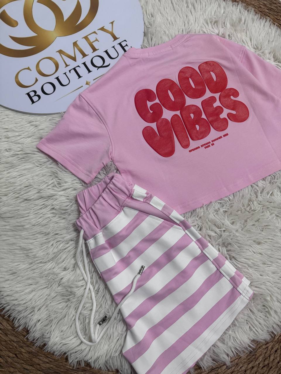 Girls Good Vibes Summer T-Shirt & Striped Shorts Set – Pink Cotton Casual Outfit | RM024G