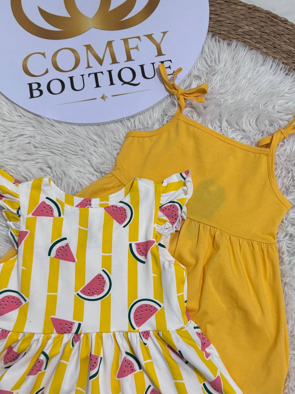 (PACK OF TWO). Girls Summer Cotton Dress – LI011G - Watermelon Print & Solid Yellow Sleeveless Casual Dress |LI011G
