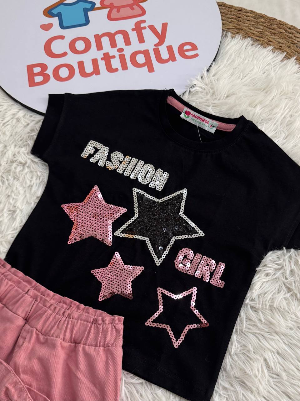 Girls Black Star T-Shirt & Pink Denim Skirt Set | Summer Outfit for Kids | HP001G