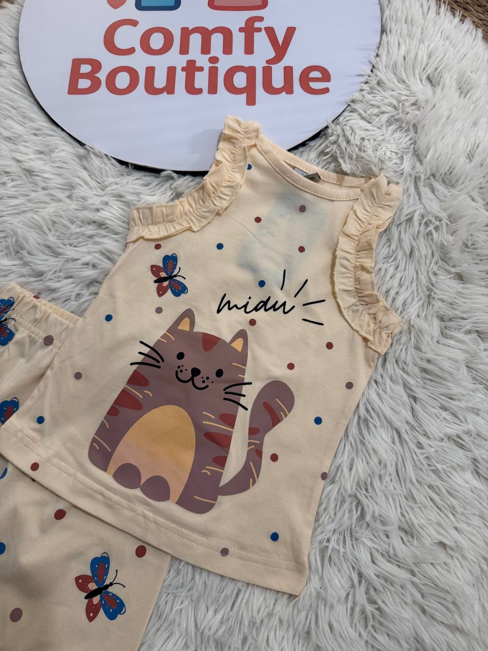 Girls Cotton Summer Pajama Set – Cat Print Sleeveless Top & Butterfly Shorts | ZM011G