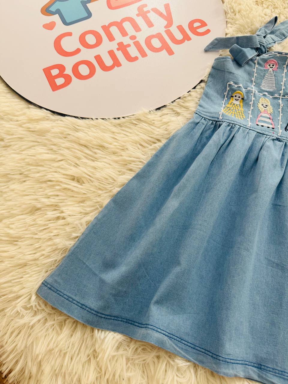 Girls Embroidered Denim Summer Dress with Adjustable Shoulder Ties|BQ012G