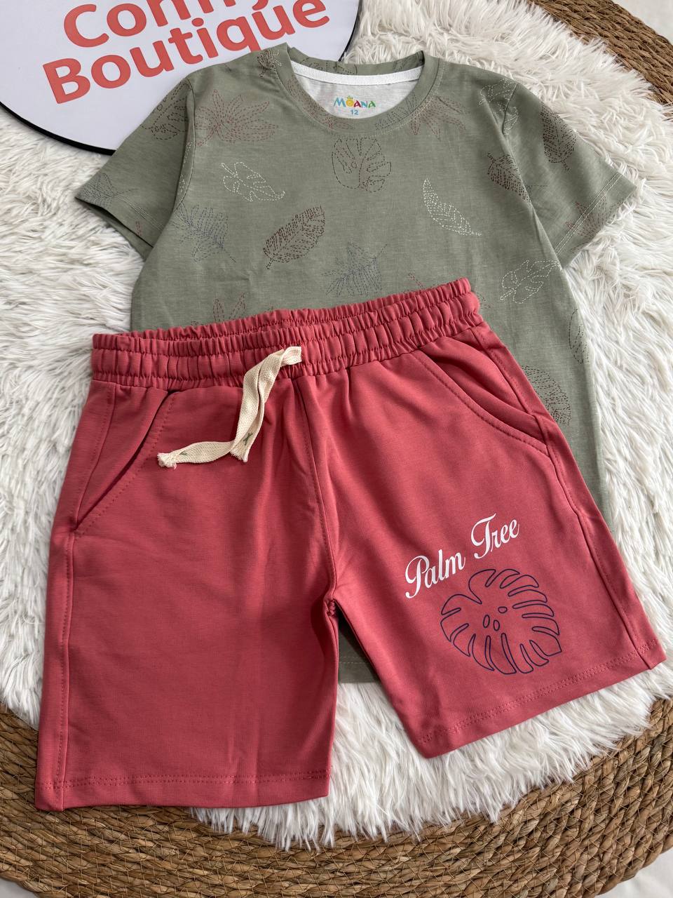 Boys Tropical Leaf Tee + Palm Love coral shorts summer Set