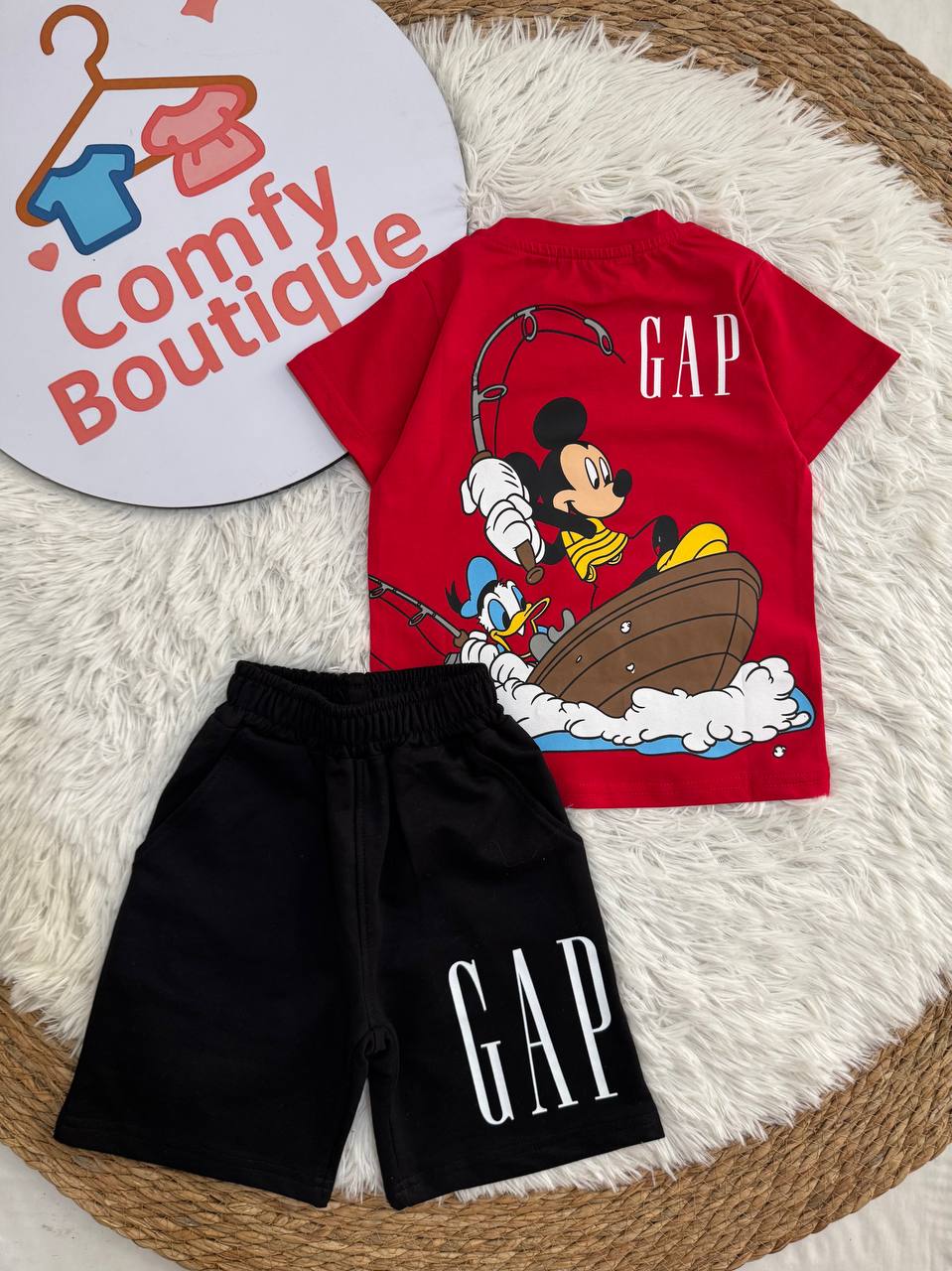 Cute Mickey & Friends Boys Summer Set – Red T-Shirt & Black Shorts