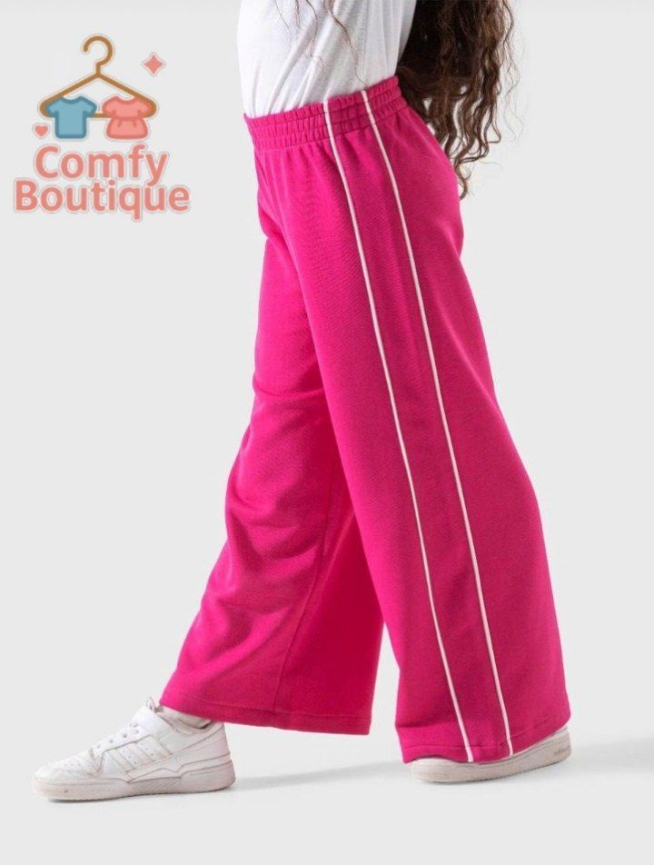 Girls Hot Pink Wide Leg Track pant w/ white side stripe