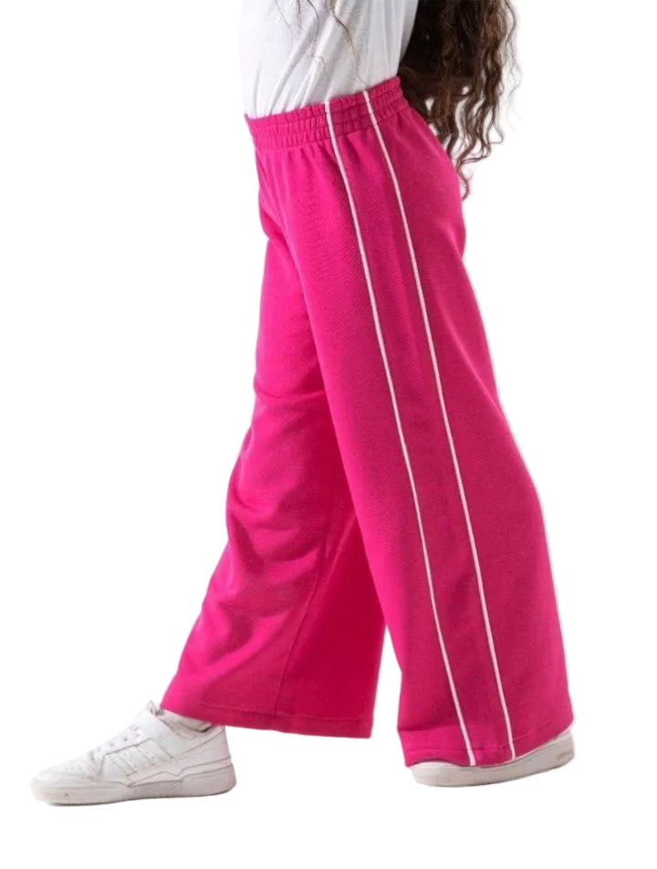 Girls Hot Pink Wide Leg Track pant w/ white side stripe