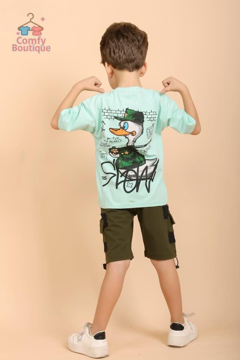 Boys Fashion Summer Set – Mint Top & Olive Cargo Shorts