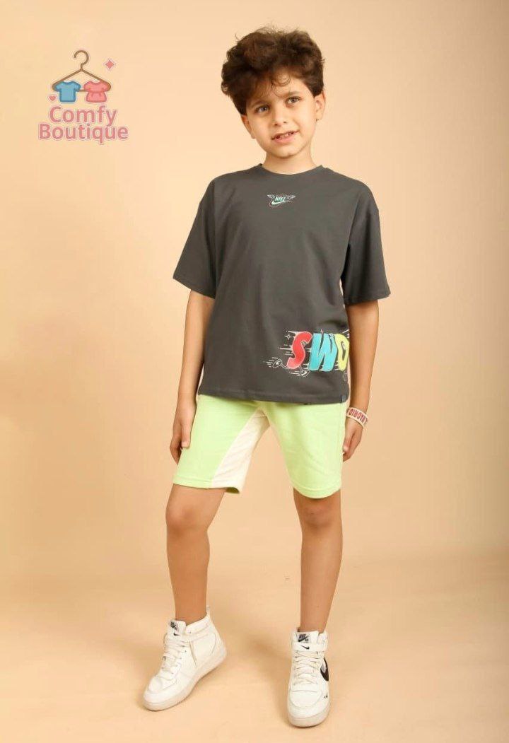 Boys’ Charcoal Graphic T-Shirt & Neon Lime Shorts Casual Summer Outfit