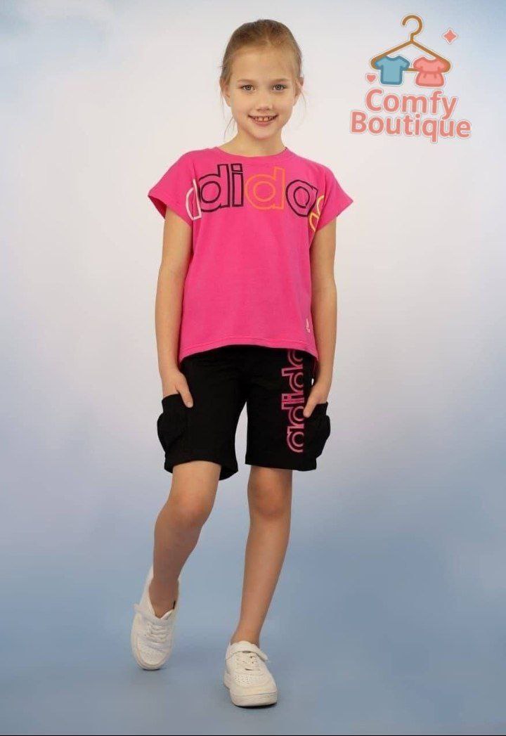Adidas Girls’ Pink T-Shirt & Black Cargo Shorts Summer Set