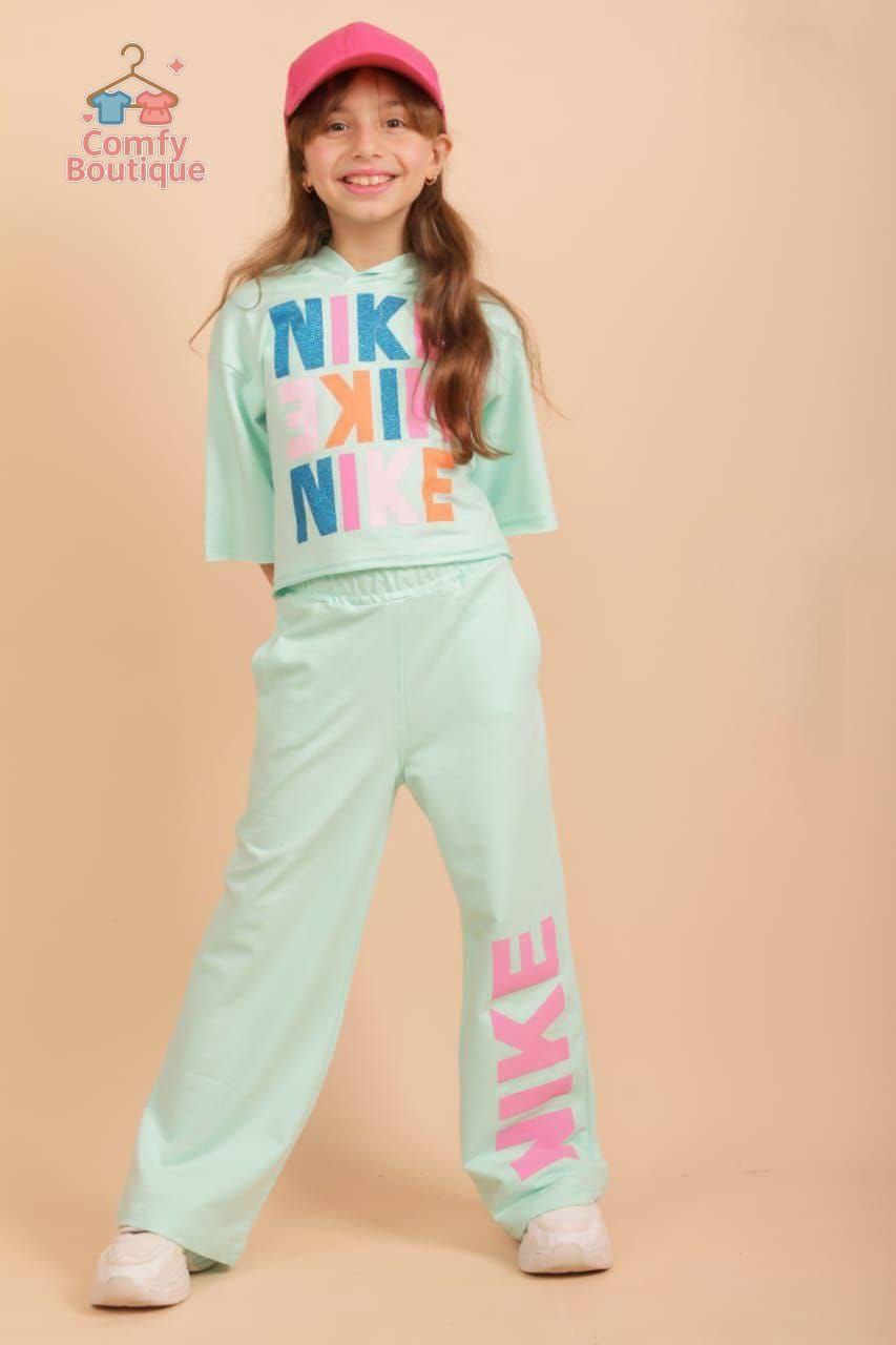 Nike Girls’ Mint Green Hoodie Set – Colorful Logo Top & Wide-Leg Pants