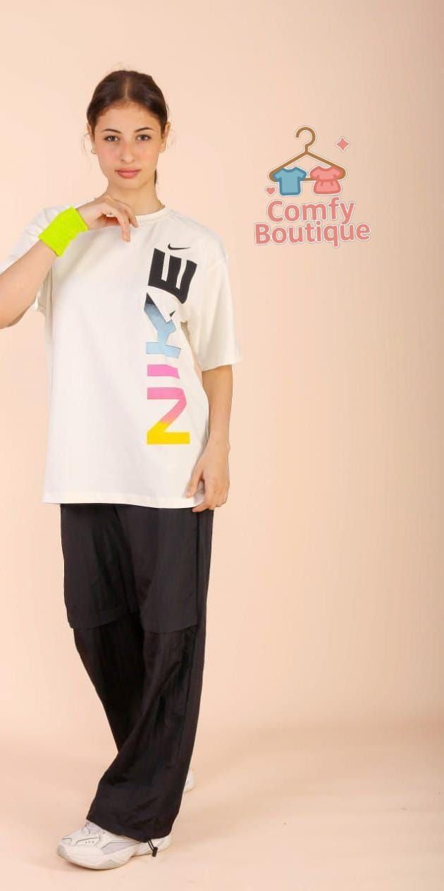 Ladies oversized white Gradient Tee + Black wide Leg Track Pants Set