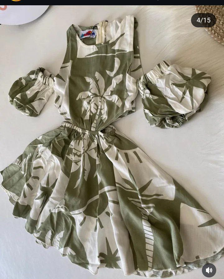 Girls’ Olive Green Cold Shoulder Summer Dress – Printed Cotton Party Dress