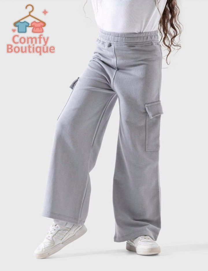 Trendy Girls Wide Leg Cargo Pants | Light Grey