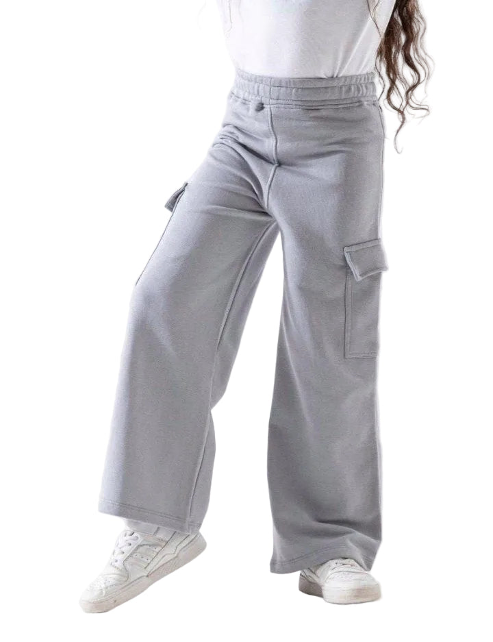 Trendy Girls Wide Leg Cargo Pants – Light Grey